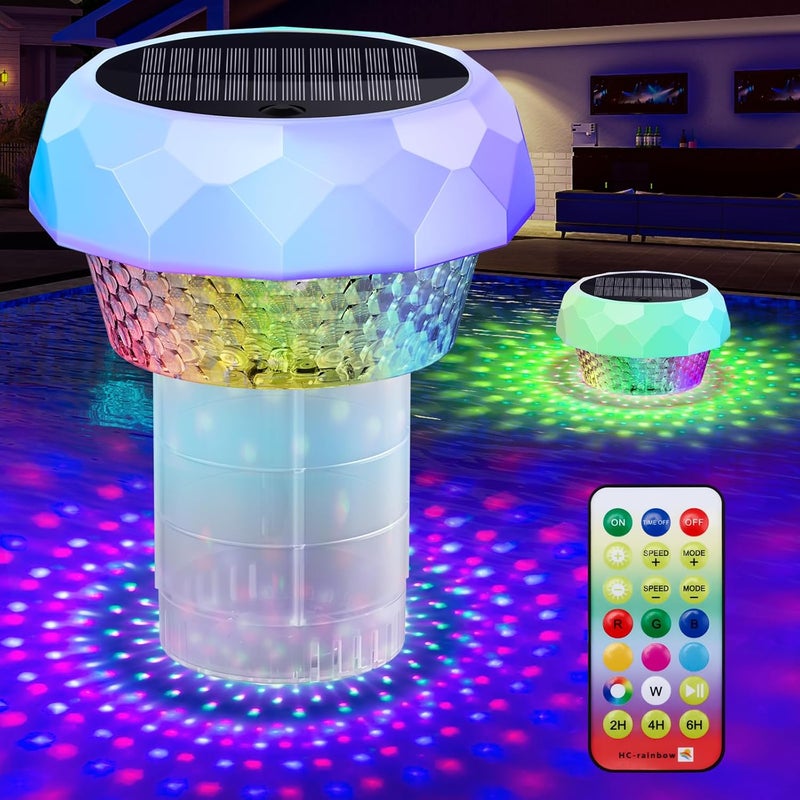 JEMULICE Solar Pool Chlorine Floater with Colorful Lights, Remote-Controlled Lights Adjustable Release Easy-Open Chlorine Floater Dispenser for Pool Large Capacity for 3'' or 1'' Tablets - Image 1